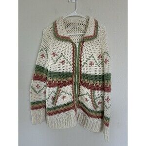 Vintage Hand Knit Wool Zip Up Pastel Cardigan Cottagecore Granniecore Sweater OS